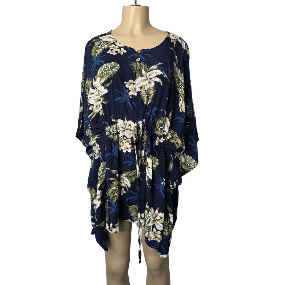 Sunny Island Hawaii Top Womens OS Navy Floral Tropical Dolman Drawstring Rayon